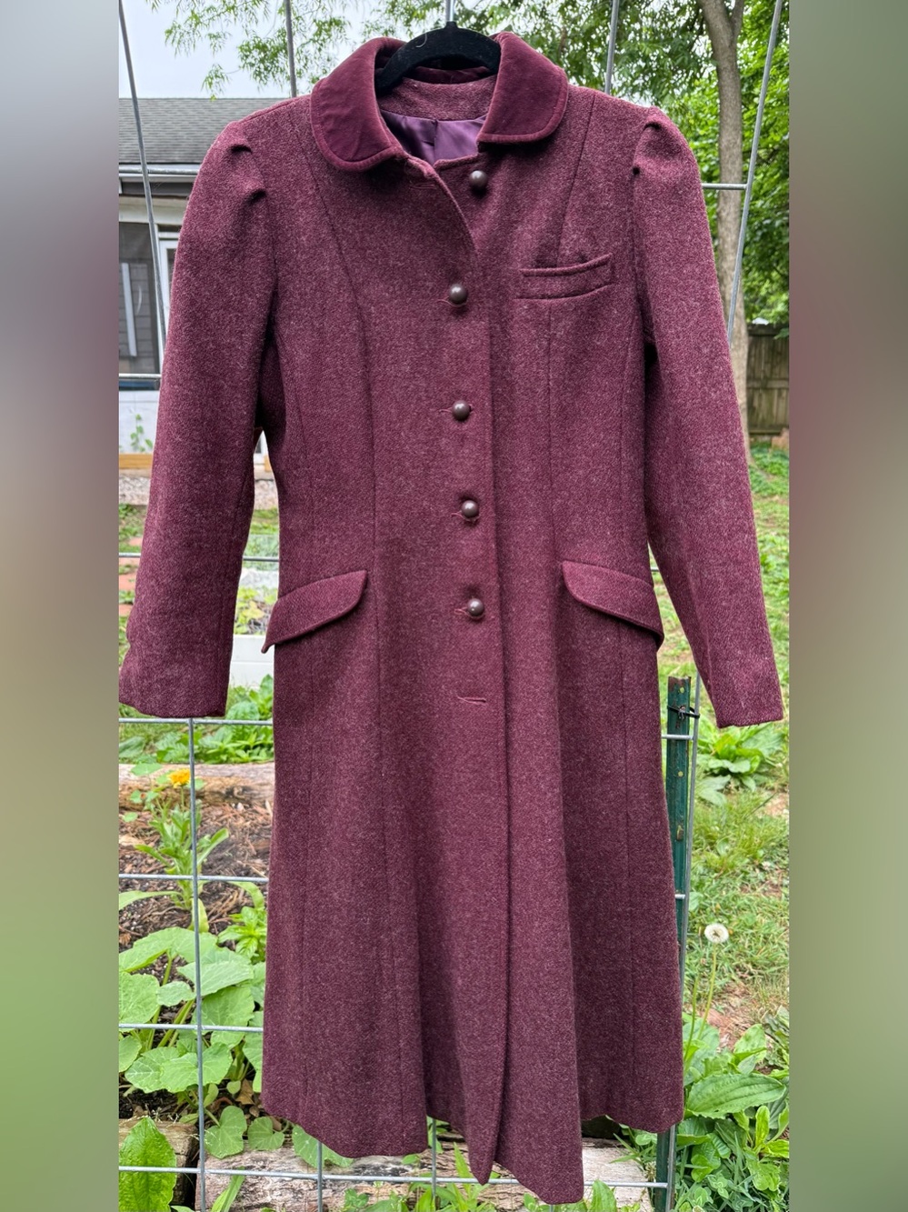 Womens Vintage Long Wool Blend Button-Front Coat - Burgundy - Picture 1 of 6